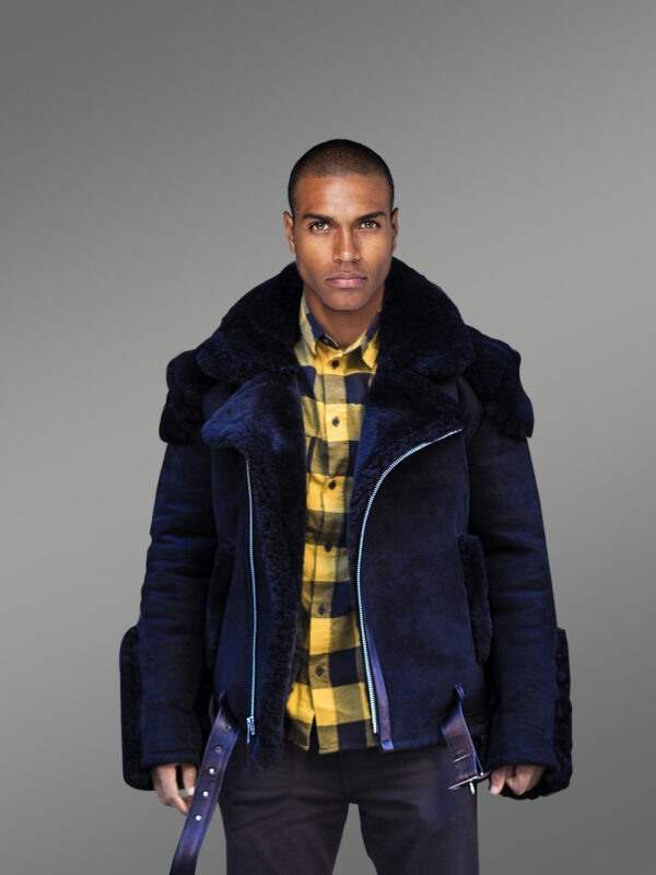 Premium Navy Blue Biker-Style Shearling Jacket - Image 3