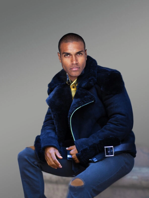 Premium Navy Blue Biker-Style Shearling Jacket - Image 2