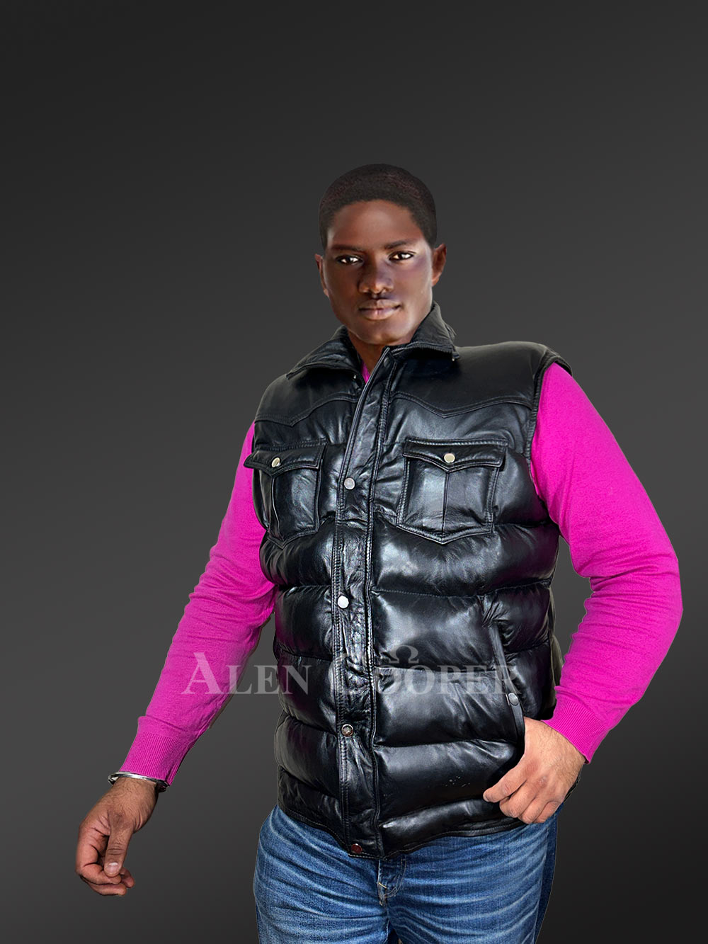 Puffy Leather Bubble Vest Jacket for Men - Image 4