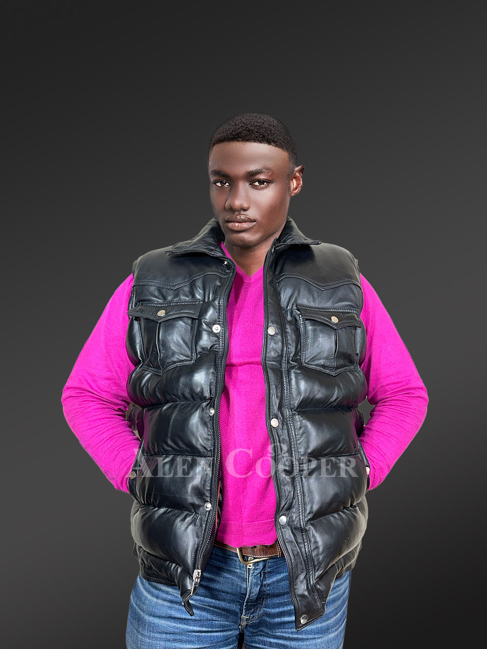 Puffy Leather Bubble Vest Jacket for Men - Image 3