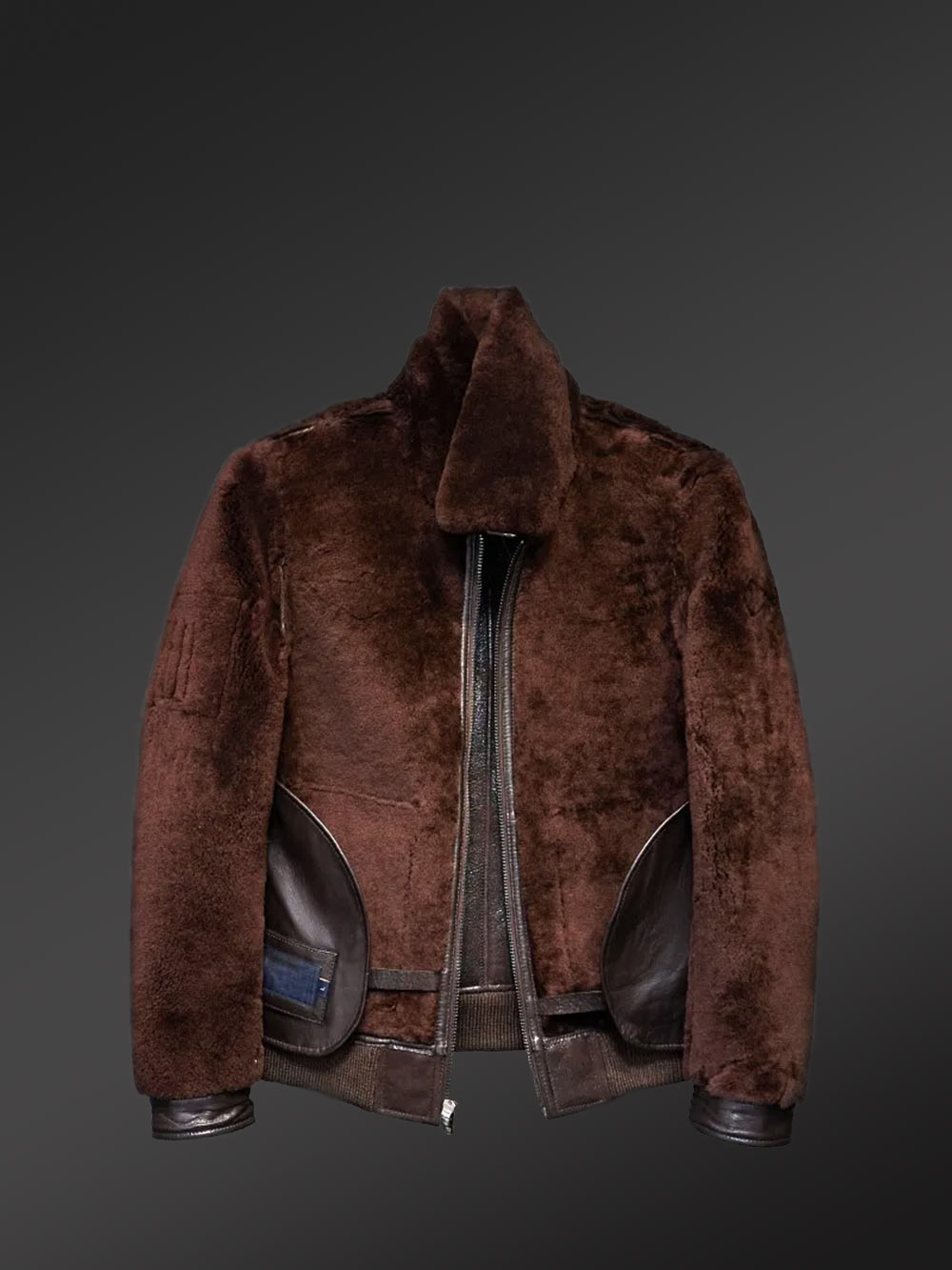 Red-Brown Aviator Bomber Style Shearling Jacket - Image 3