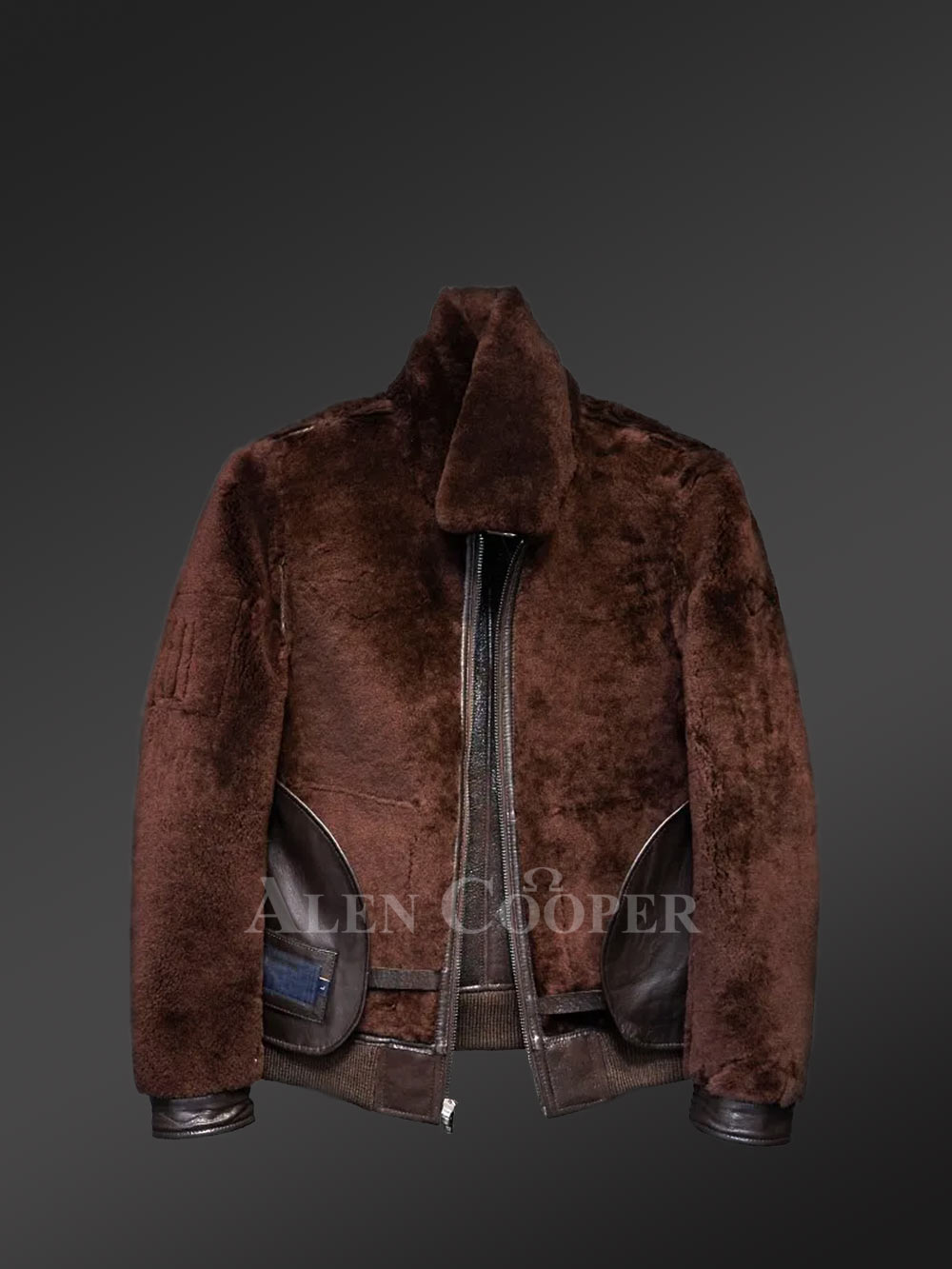 Red-Brown Aviator Bomber Style Shearling Jacket - Image 4