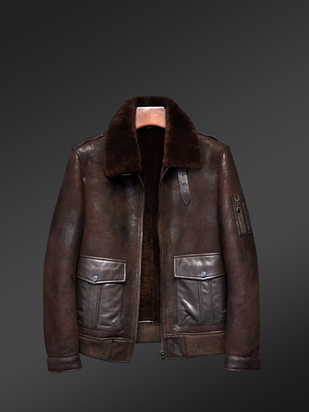 Red-Brown Aviator Bomber Style Shearling Jacket - Image 2