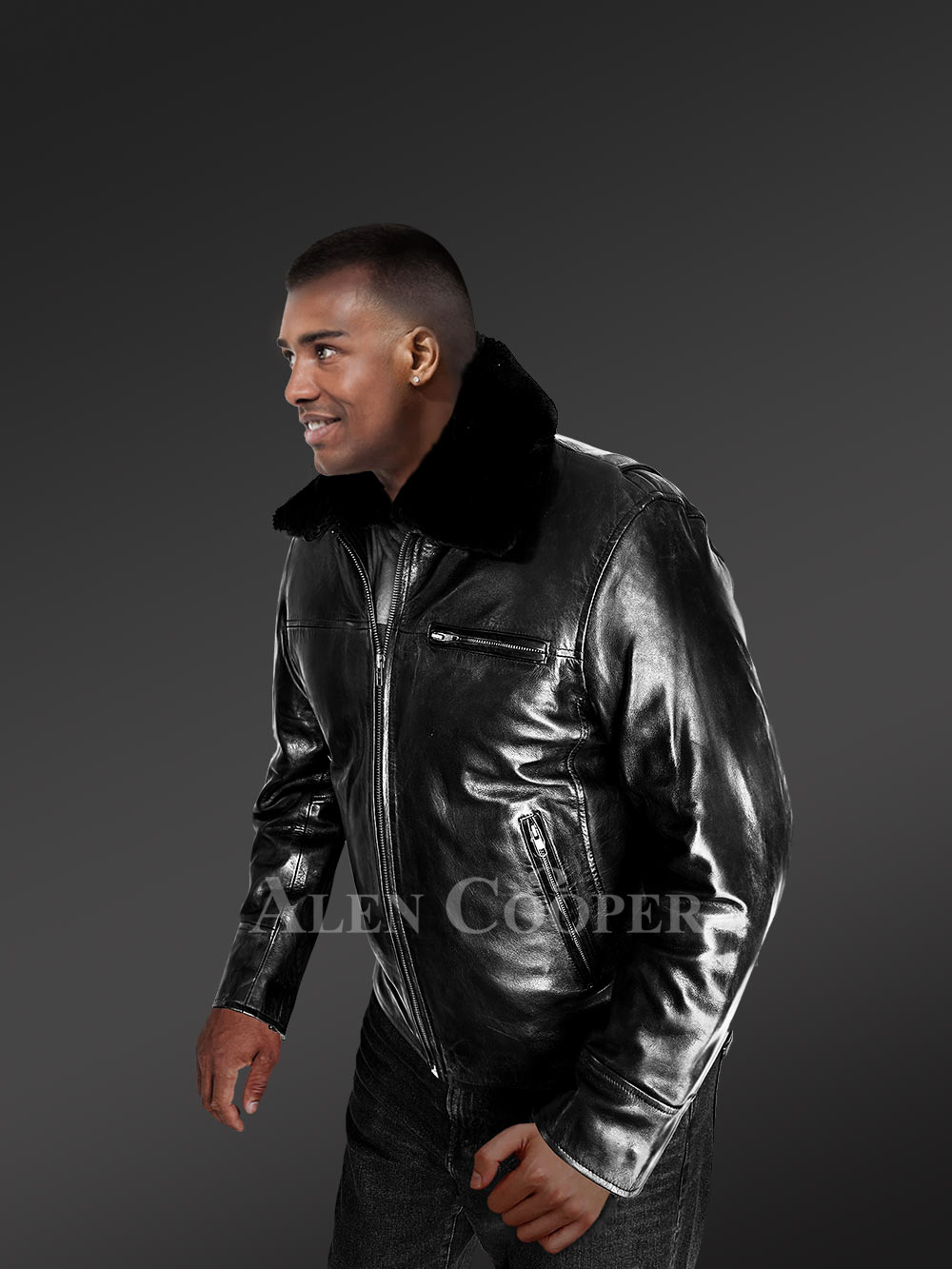30" Men's Real Leather Jacket with Detachable Shearling Collar - Image 3