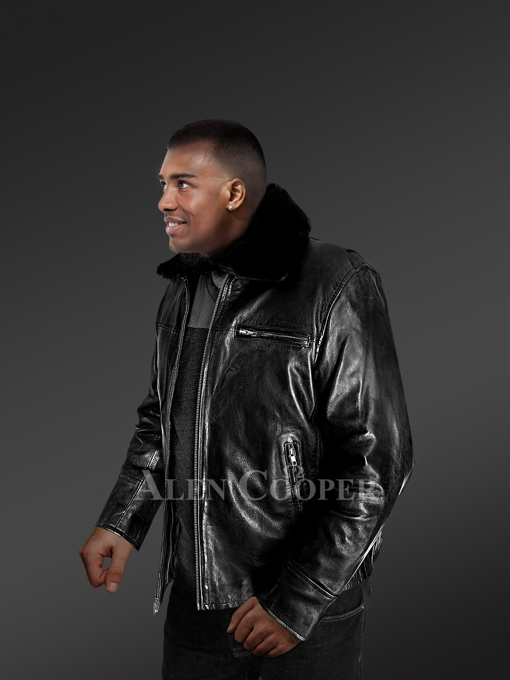 30" Men's Real Leather Jacket with Detachable Shearling Collar - Image 4