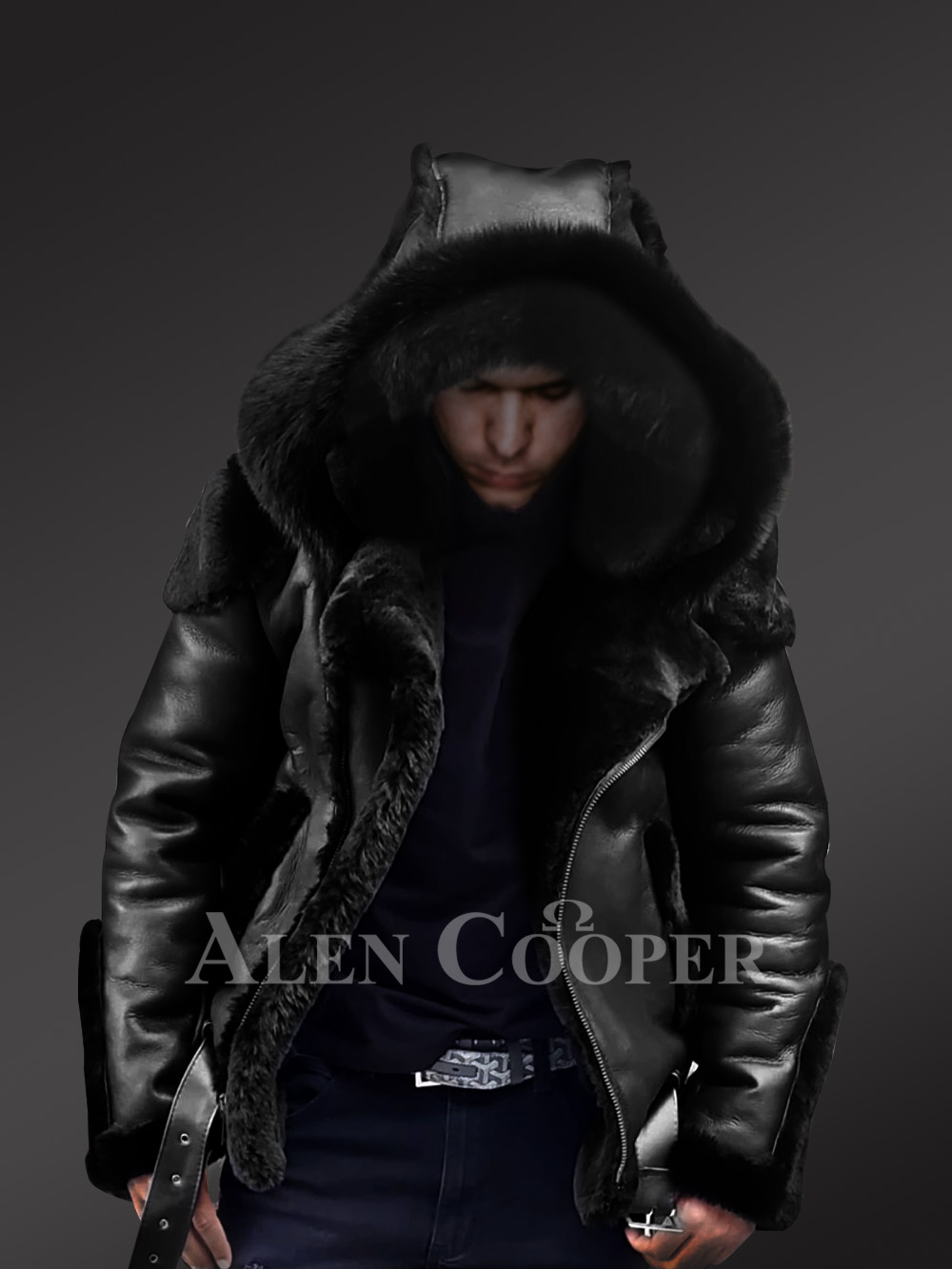 Sheepskin Shearling Biker Jacket with Fur Hood - Image 4