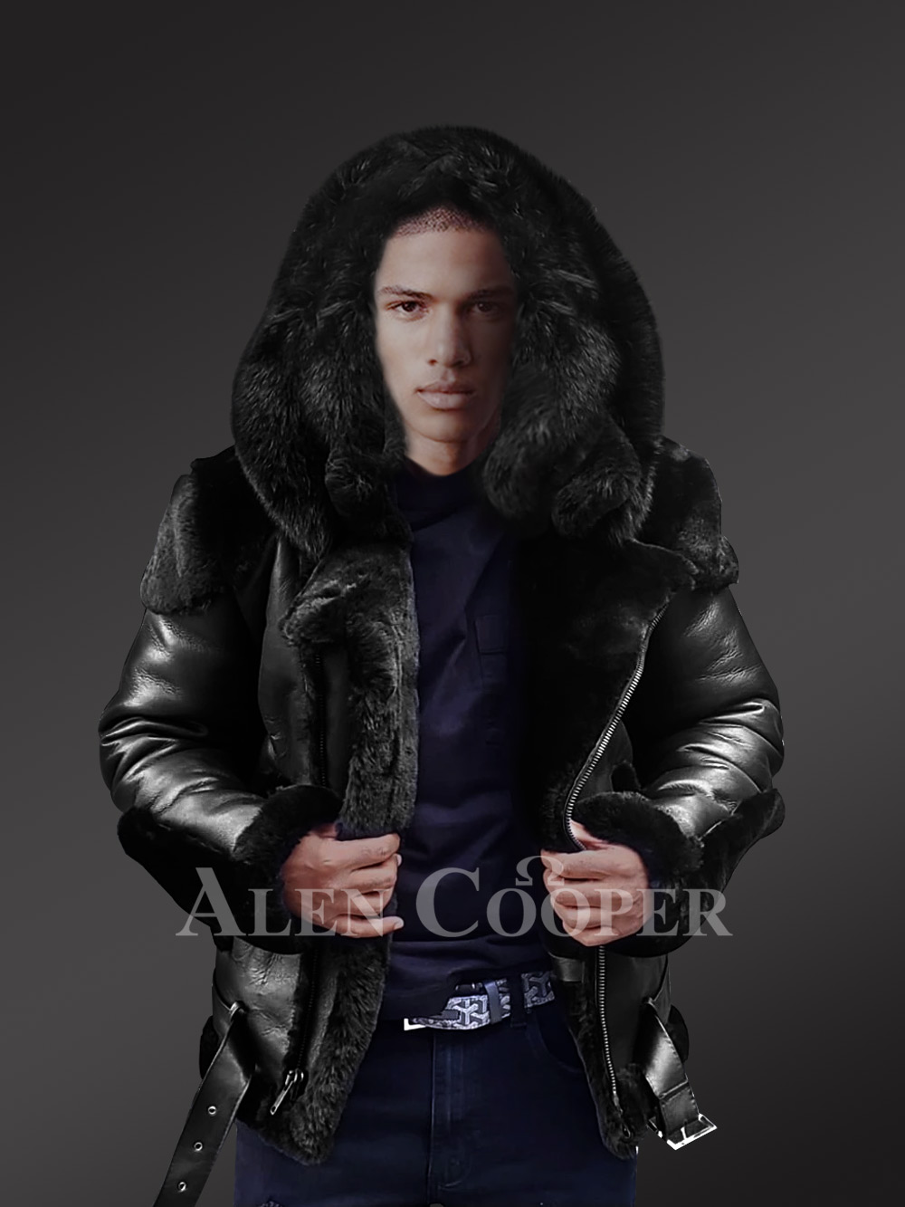Sheepskin Shearling Biker Jacket with Fur Hood - Image 2