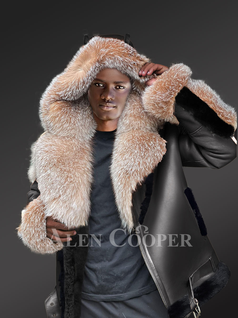 Real Shearling Men Coat with Fox Fur - Image 3