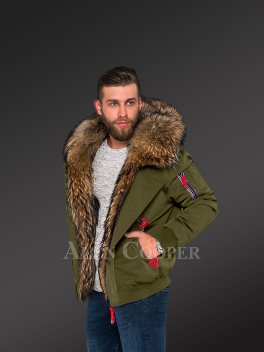 Stylish Parka Bombers in Green with Fur Collar and Frontline for Appealing Men - Image 2