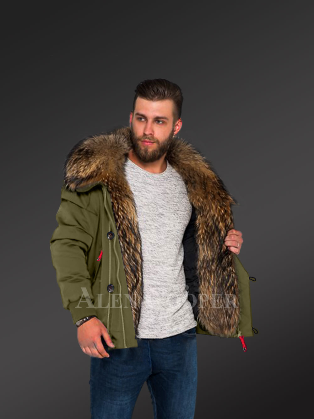 Stylish Parka Bombers in Green with Fur Collar and Frontline for Appealing Men - Image 3