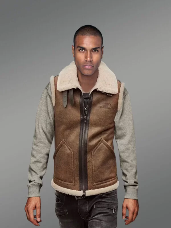 Tan Brown Shearling Vest for Men