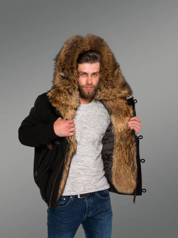 Uniquely Designed Hybrid Black Finn Raccoon Fur Parkas for Stylish Men with Rabbit Liner - Image 2