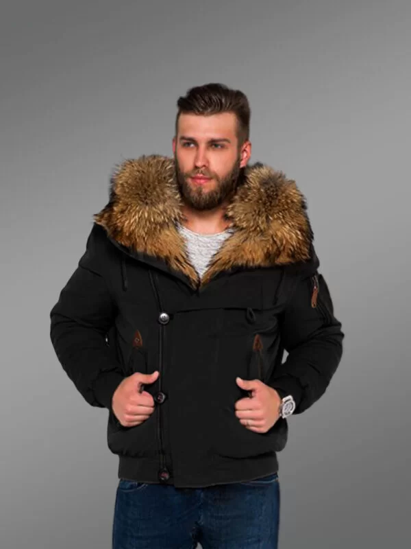 Uniquely Designed Hybrid Black Finn Raccoon Fur Parkas for Stylish Men with Rabbit Liner