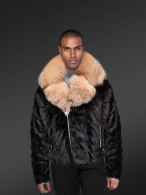 Premium Mink Jacket for Men in Luxurious Crystal Fox Fur Collar and Lapel