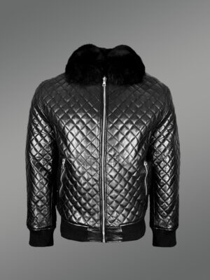 Leather Quilted Bomber Jacket With Fox Fur Collar