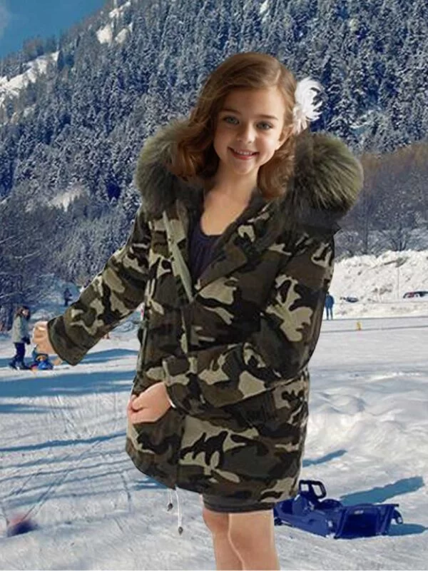 Army Green Kid’s Parka With Raccoon Fur Hood For Kids - Image 2