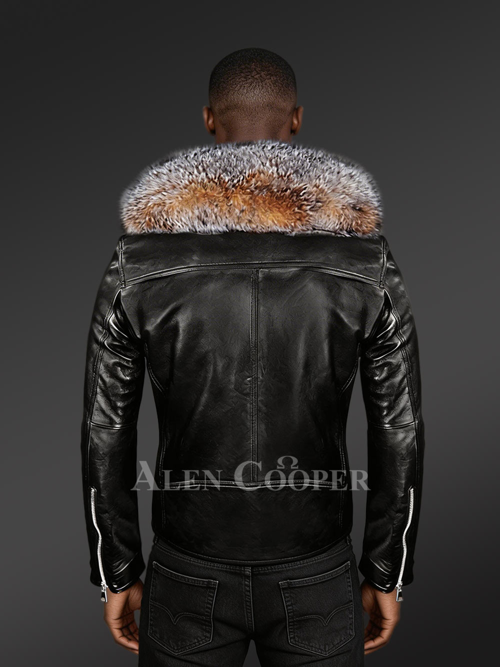 Biker Leather Jacket with Crystal Fox Fur Collar - Image 4