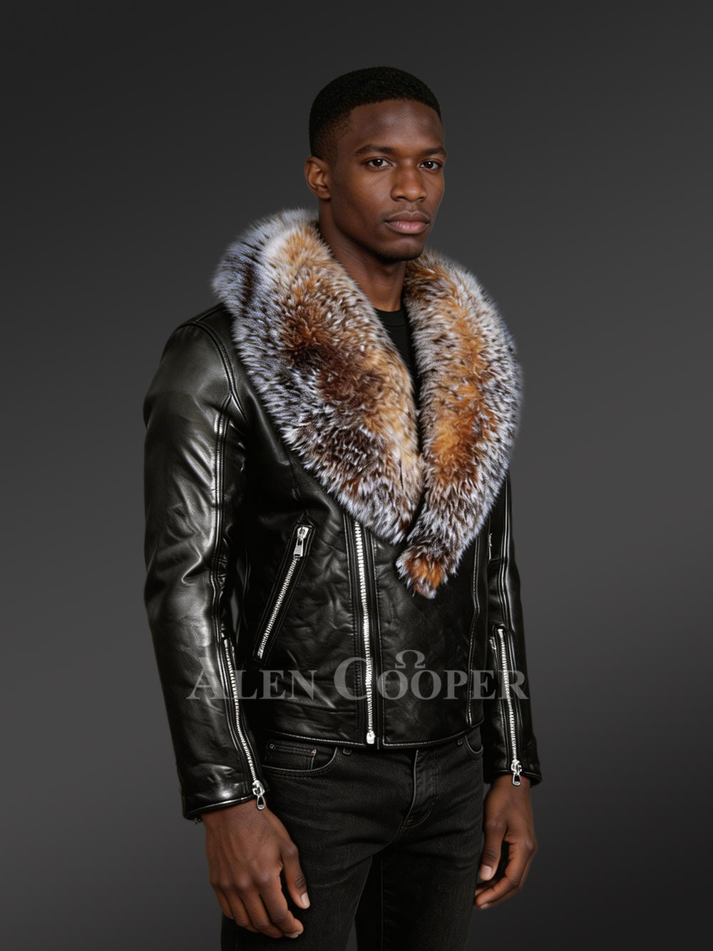 Biker Leather Jacket with Crystal Fox Fur Collar - Image 2