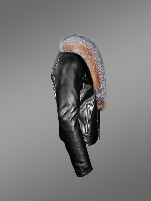 Biker Leather Jacket with Crystal Fox Fur Collar