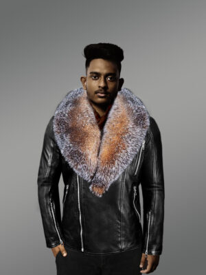 Biker Leather Jacket with Crystal Fox Fur Collar