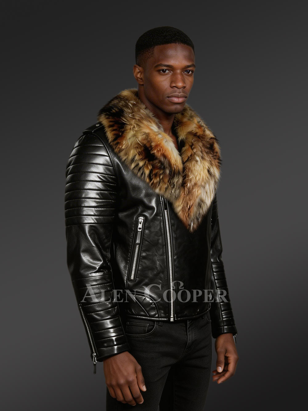 Black Biker Jacket with Raccoon Lapel – Be a Trendsetter - Image 2