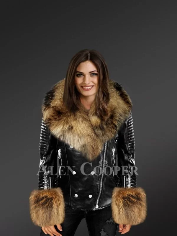 Black Leather Jacket with Fur for women