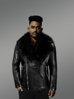 Black Motorcycle Leather Jacket with Fox Fur Collar for Men