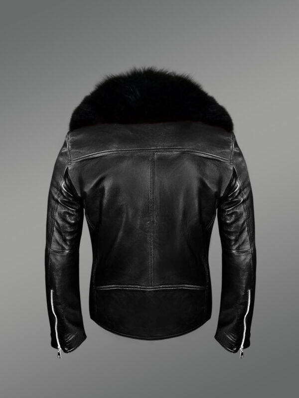 Black Motorcycle Leather Jacket with Fox Fur Collar for Men