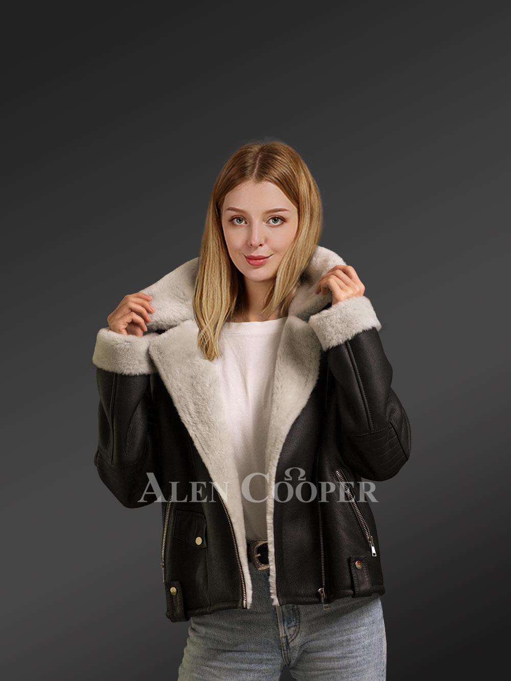 Black Nappa Sheepskin Shearling Jacket for Women