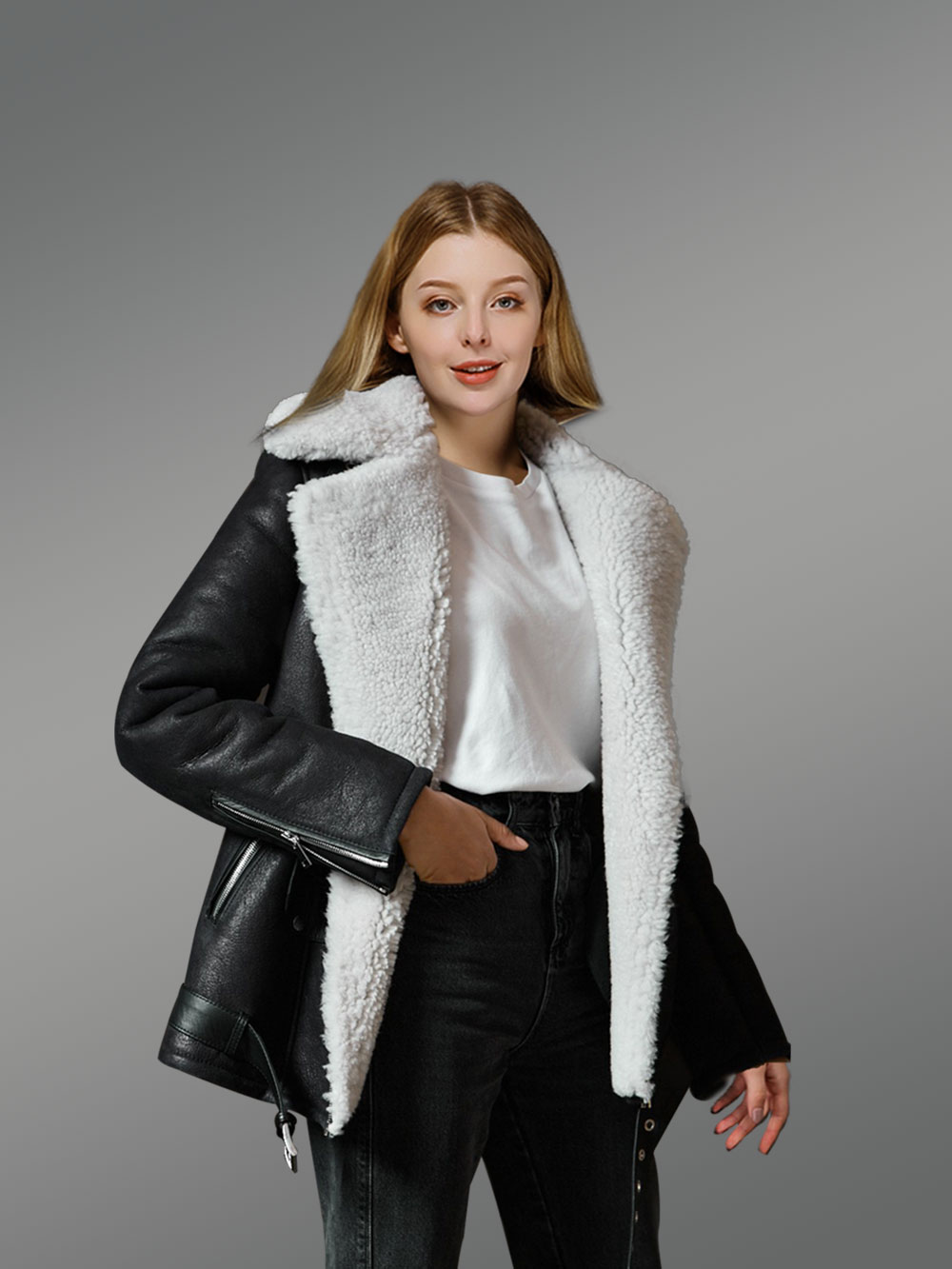 Black Sheepskin Shearling Jacket With White Wool Detailing