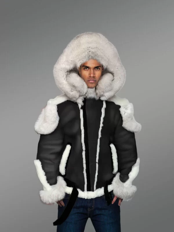 Black Sheepskin Shearling Jacket with Fox Fur - Image 4