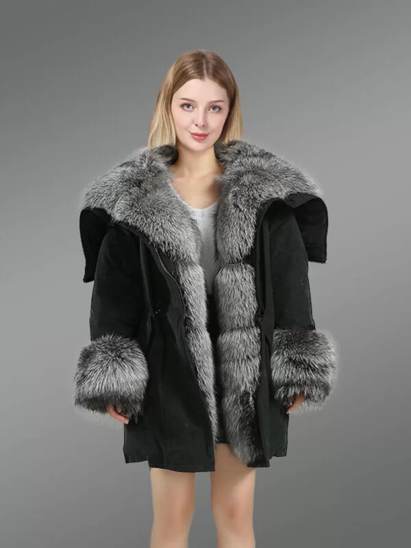 Black shell silver fur hooded warm winter parka for women