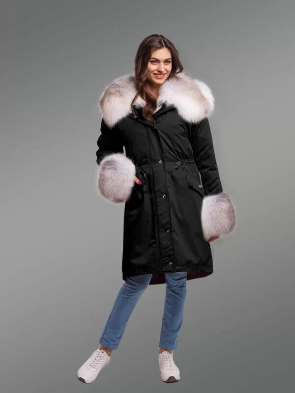 Dressing Code For Ladies with Blue Frost Fox Fur Hybrid Black Parka Convertibles with Fox Liner - Image 3