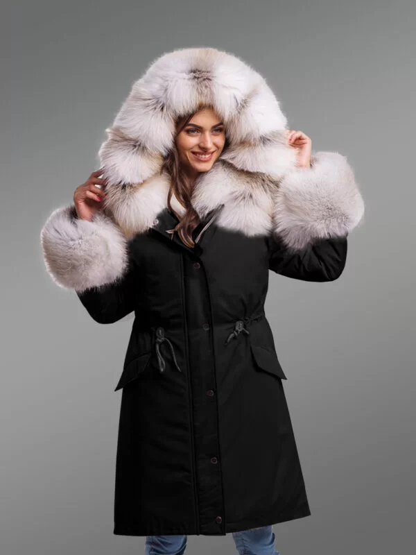 Dressing Code For Ladies with Blue Frost Fox Fur Hybrid Black Parka Convertibles with Fox Liner - Image 5