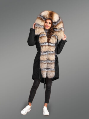 Blue frost fox fur hybrid black parka with rabbit liner convertible