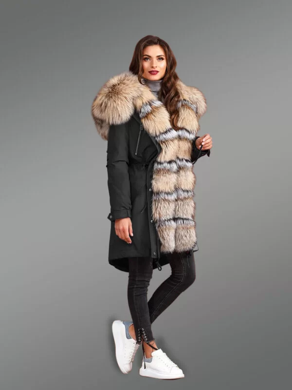 Blue Frost Fox Fur Hybrid Black Parka with Rabbit Liner Convertible for Women's - Image 2