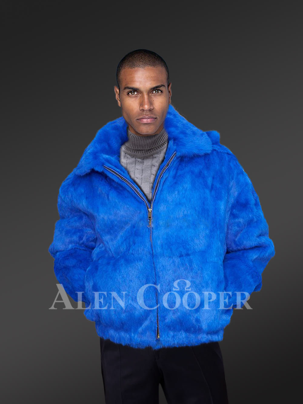 Genuine Bomber Rabbit Fur Jacket with Hood for Men - Image 2