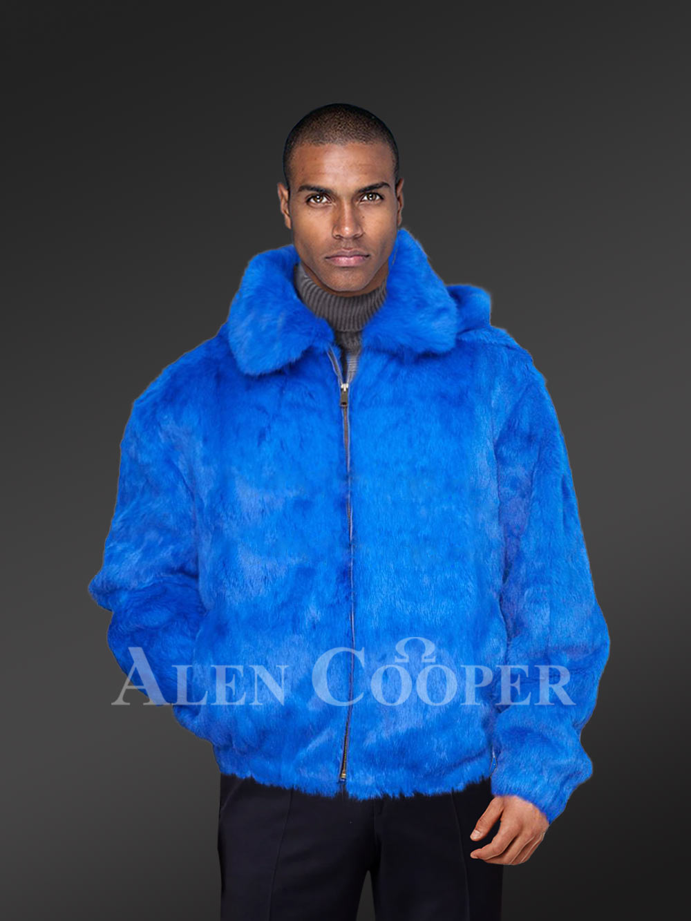 Genuine Bomber Rabbit Fur Jacket with Hood for Men - Image 3