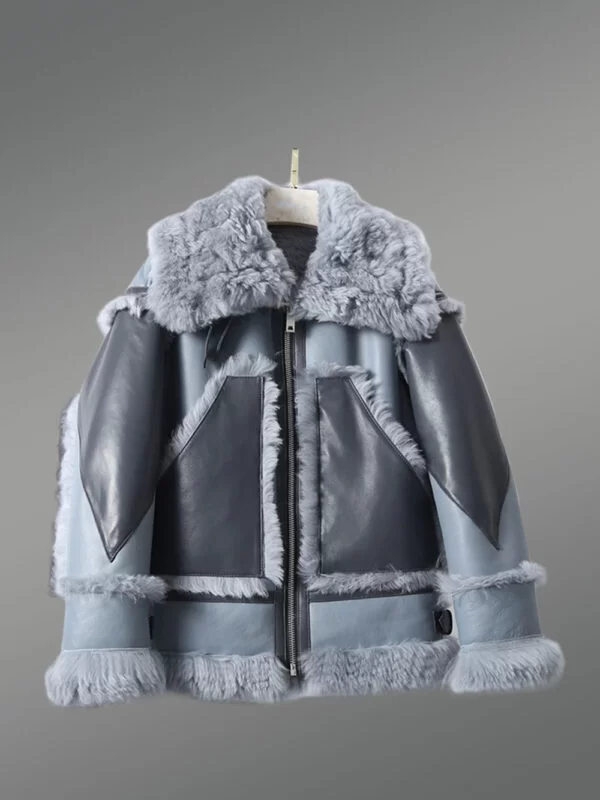 Bomber Style Shearling Jacket for Women in Blue - Image 3