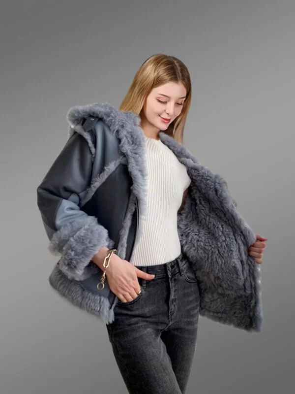 Bomber Style Shearling Jacket for Women in Blue - Image 2