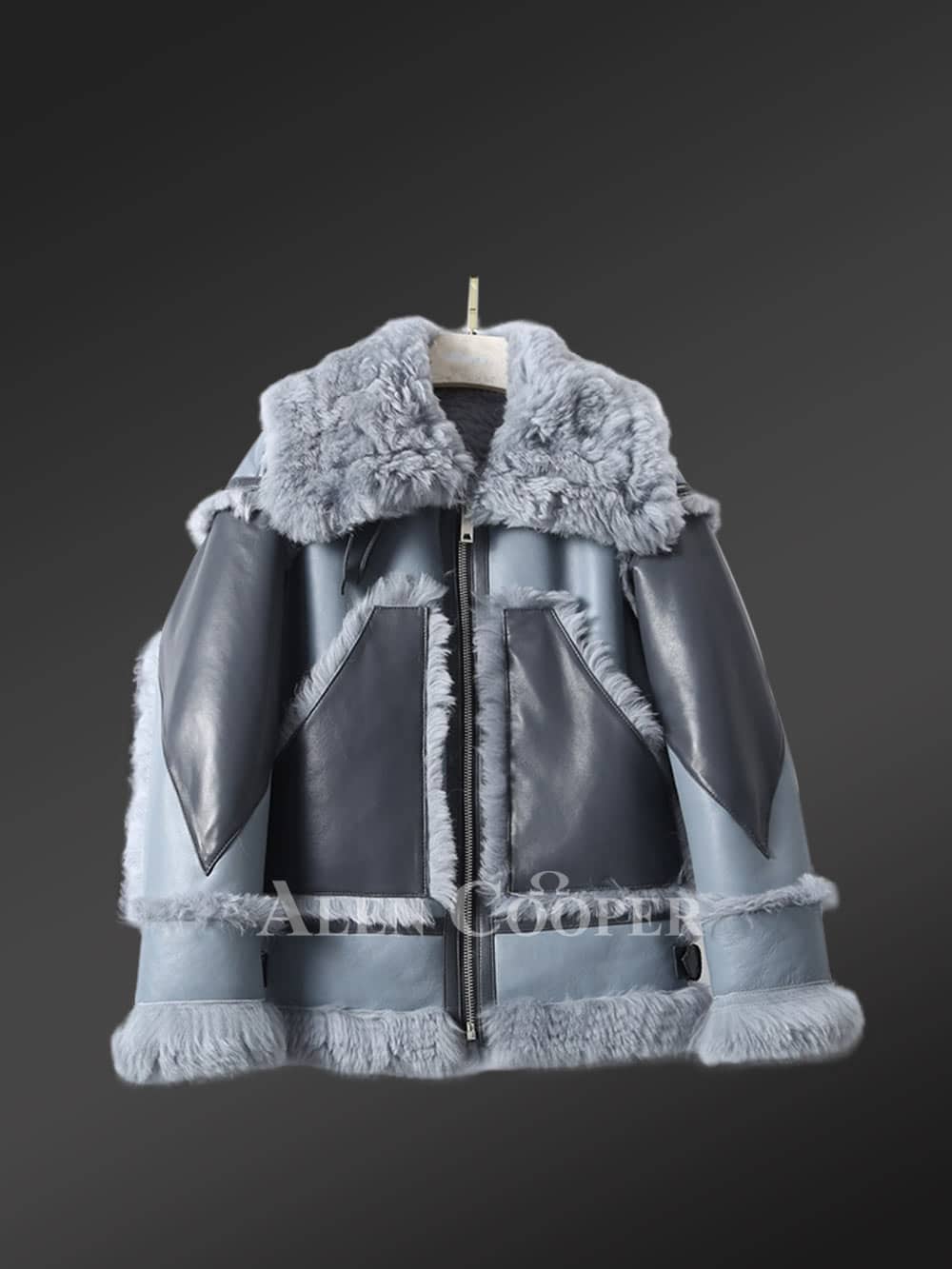 Bomber Style Shearling Jacket for Women in Blue - Image 3