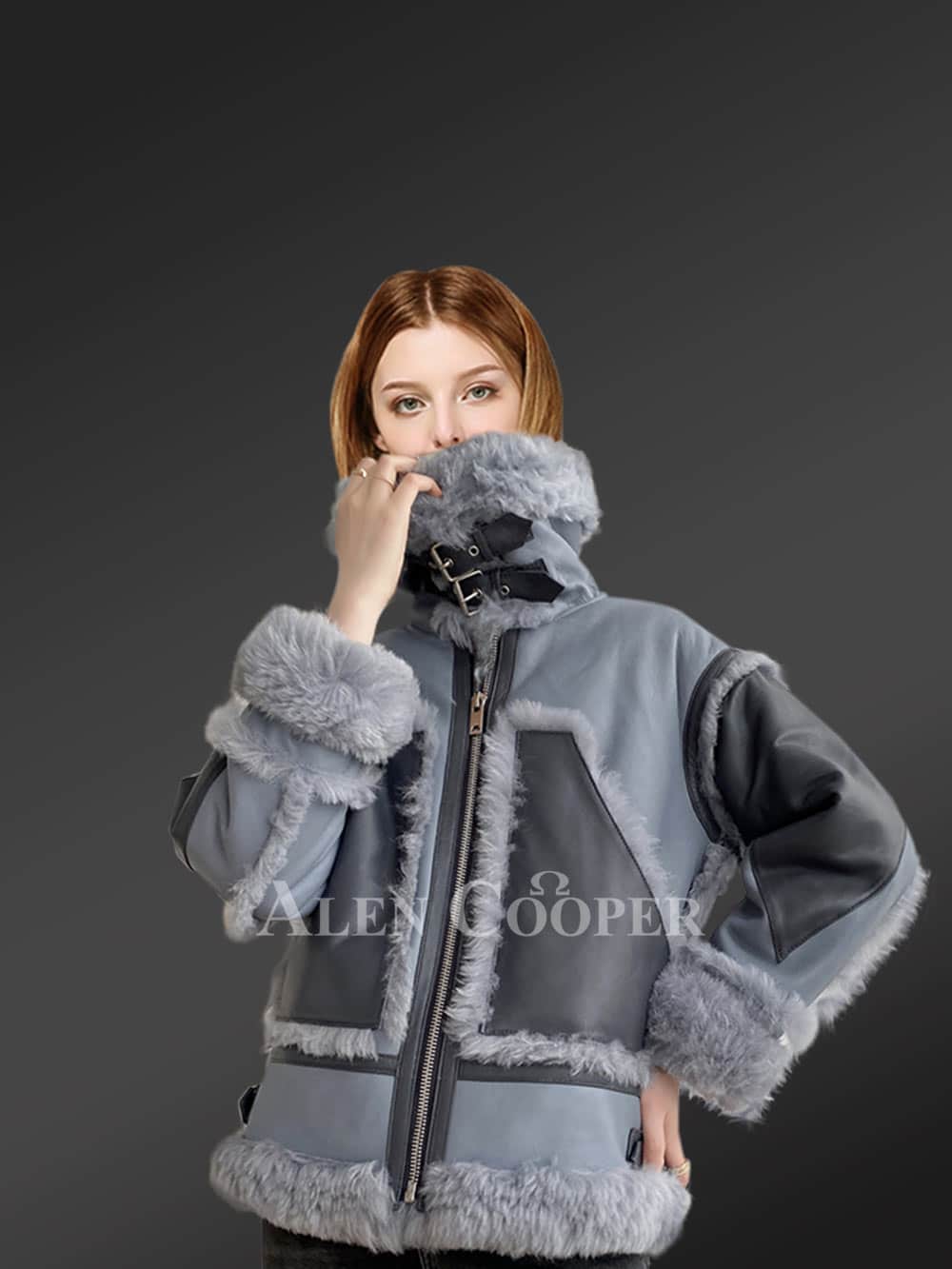 Bomber Style Shearling Jacket for Women in Blue - Image 2