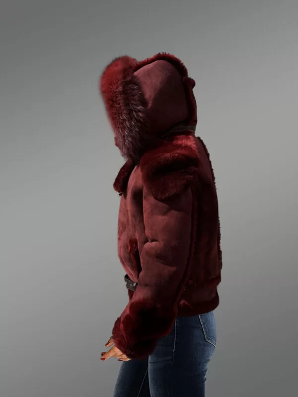 Burgundy Suede Finish Shearling Jacket with Fox Fur Hood for Women - Image 3