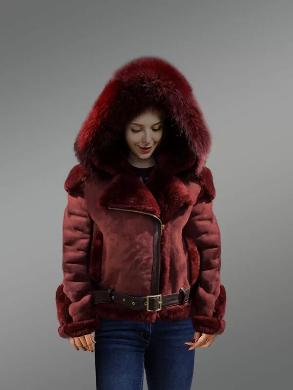 Burgundy Suede Finish Shearling Jacket with Fox Fur Hood for Women - Image 2