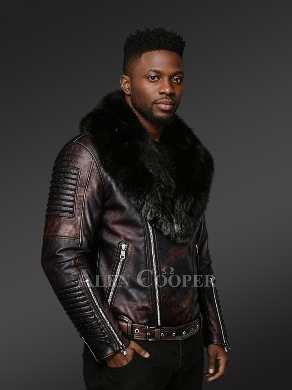 Chic And Stylish Men’s Leather Jackets in Coffee with Pure Fox Fur Collar - Image 2