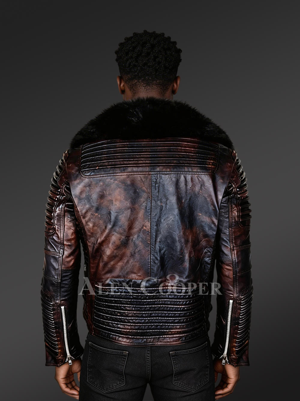 Chic And Stylish Men’s Leather Jackets in Coffee with Pure Fox Fur Collar - Image 4