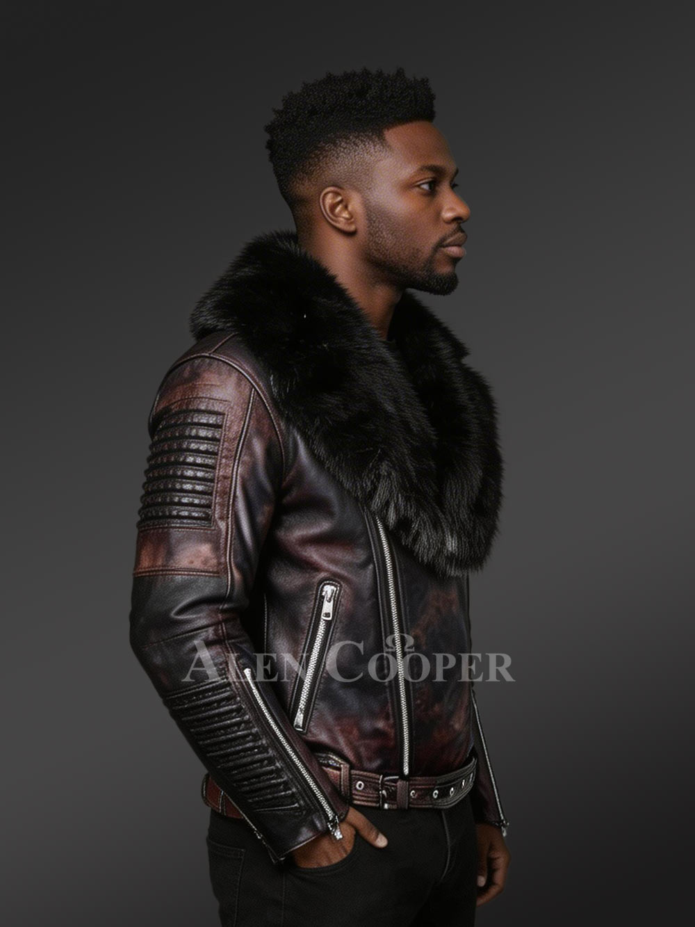 Chic And Stylish Men’s Leather Jackets in Coffee with Pure Fox Fur Collar - Image 3