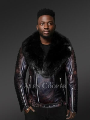 Chic And Stylish Men’s Leather Jackets in Coffee with Pure Fox Fur Collar