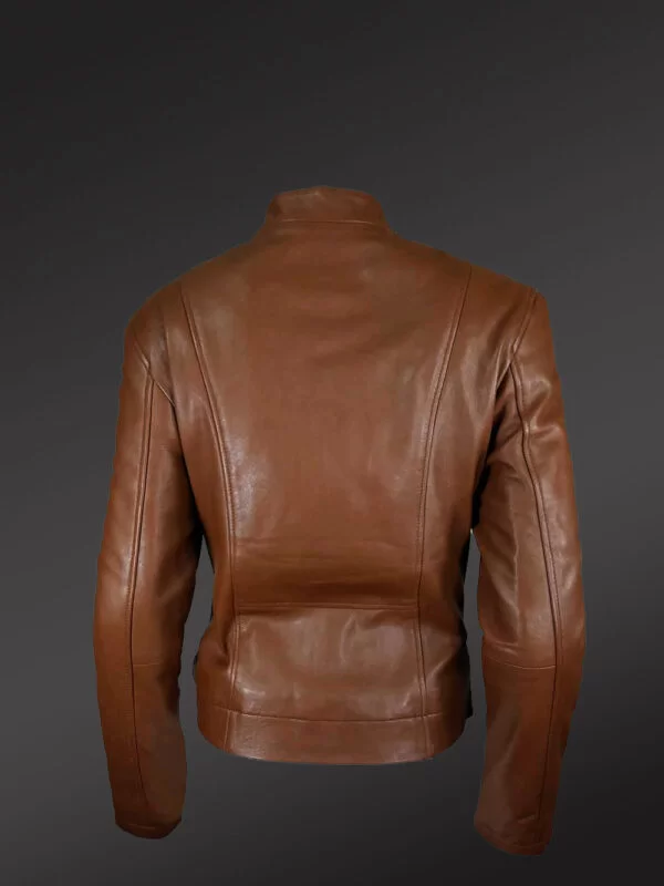 Classic Biker Jacket for Women’s With Cross Pockets in Tan - Image 4