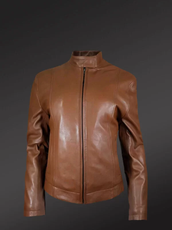 Classic Biker Jacket for Women’s With Cross Pockets in Tan - Image 2